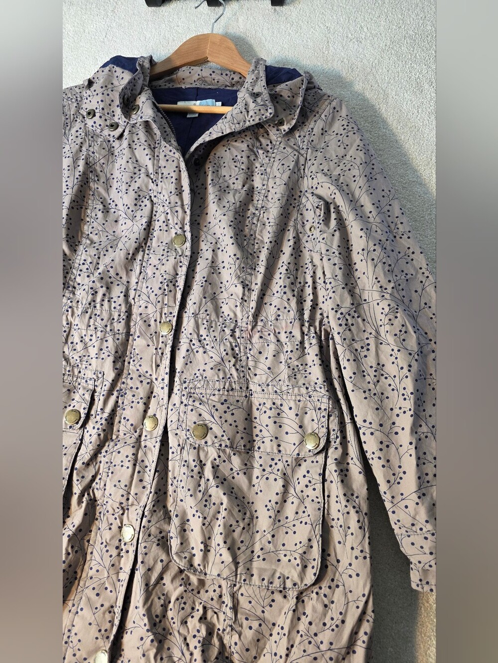 Boden Beige Navy Parka Rain Jacket Drawstring Waist Womens 8